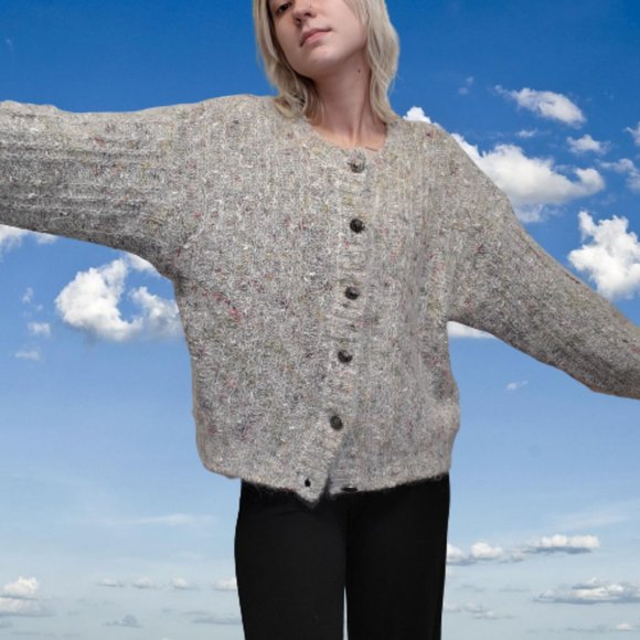 Vintage Sweaters - Vtg 90s Fuzzy Mohair Blend Cardigan Sweater Gray Rainbow Slub Knit Womens M